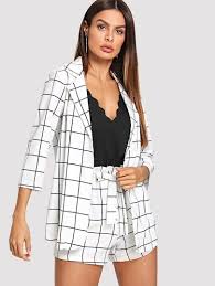 Black And White Plaid Blazer And Skirt Set Plaid Blazers With Self Tie Waist Shorts Shein Tie Waist Shorts Fashion Tracksuit Women