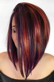 Purple is a perfect option! Sleek Long Brunette Bob With Purple Highlights In Hairs London
