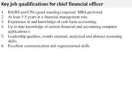 The primary role of a cfo, of course, is to make sure financial records of the company are in order. Chief Financial Officer Job Description