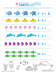 As verbs, the phrases take out and take away are two words. Preschool Math Take Away The Sea Creatures Worksheet Education Com Preschool Math Preschool Math Worksheets Math Subtraction