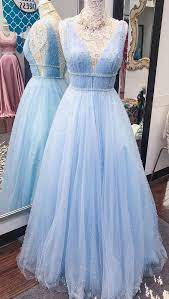 Pd90414 Light Blue Prom Dress Tulle Evening Dresses Beading Prom Dresses V Neck Prom Gown Light Blue Prom Dress Prom Dresses Homecoming Dresses Long