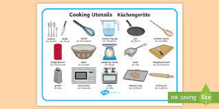 A room where food is kept, prepared, and cooked and where the dishes are washed: Cooking Utensils Word Mat English German