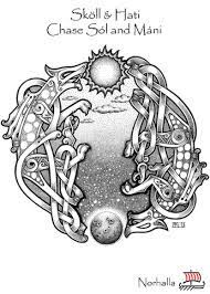 Skoll And Hati The Wolves That Chase Sol And Mani Scene From Children Of Odin Republishing By Norhalla Illustratio Norse Tattoo Viking Symbols Viking Art