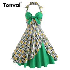 Us 20 52 44 Off Tonval Sexy Pin Up Girls 1950s Halter Dress Pineapple Print Green Dresses Women Plaid Retro Party Retro Dress In Dresses From
