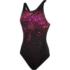 Speedo Womens Speckle Flow Placement Recordbreaker Swimsuit Black Psycho Red Neon Orchid