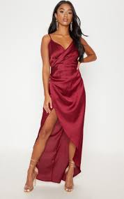 Petite Burgundy Satin Wrap Detail Maxi Dress Petite Formal Dresses Long Wrap Dress Maxi Dress