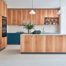 Retro Plywood Kitchen Makeover With Blue Doors And Corian Worktops In 2020 Modern Kitchen Furniture White Modern Kitchen