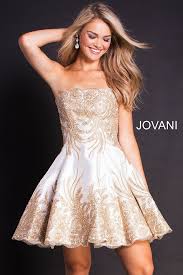 Jovani Dress 58938 Off White Fit And Flare Gold Embellished Strapless Short Dress Simple White Dress White Gold Dress Strapless Dresses Short