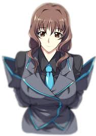 haganef, jinguuji marimo, muv-luv, muv-luv alternative, absurdres, highres,  1girl, black shirt, blue necktie, breasts, brown eyes, brown hair, collared  shirt, grey jacket, grey skirt, head tilt, jacket, large breasts, leaning  forward, long hair, looking at viewer, military,