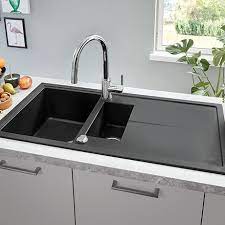 Onyzpily kitchen tap black with pull down kitchen sink mixer taps single handle 2 water mode pause function 360° swivel solid brass. Grohe K400 1 5 Bowl Composite Quartz Kitchen Sink With Drainer Granite Black 31642ap0