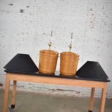 Vintage Pair Of Woven Rattan Wicker Basket Lamps With Black Coolie Shades Warehouse 414