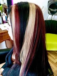 Red Black And Blond Hair Chunky Red Black And Blonde Long Hair Long Blonde Hair Blonde Hair Color Hair Highlights