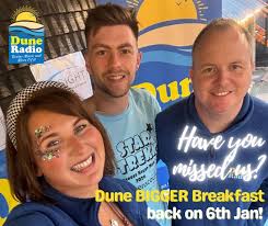 Andy, Hayley, Luke and the 'Dune BIGGER Breakfast' team will be back with  you, waking you up from next Monday (6th January 2025) from 6am! 📻  www.duneradio.co.uk/player