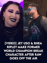 VIDEO] Jey Uso & Rhea Ripley make former world champion break character  after RAW goes off the air Read here :  https://www.sportskeeda.com/wwe/news-video-jey-uso-rhea-ripley-make-former-world-champion-break-character-raw-goes-air?key2=87392