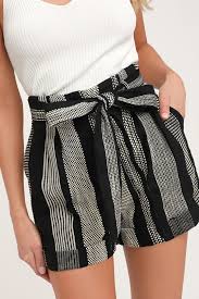 Black And White Striped Shorts Womens Cove Hopping Black And White Striped Belted High Waisted Shorts In 2020 Black And White Shorts High Waisted Shorts Fashion