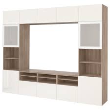 Besta Tv Storage Combination Glass Doors Walnut Effect Light Gray Selsviken High Gloss White Frosted Glass 300x40x230 Cm Shop Ikea Ca Ikea Tv Storage Glass Door Ikea