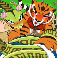 270875 - suggestive, artist:weirdotterdream, master tigress (kung fu panda),  master viper (kung fu panda), big cat, feline, human, mammal, reptile, snake,  tiger, viper, anthro, feral, dreamworks animation, kung fu panda, 2023,  black
