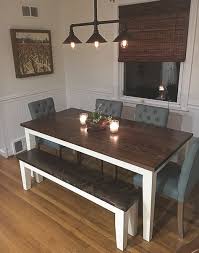 Farmhouse Table Emmorworks Dark Wood With White Legs Matching Bench Grey Upholster Farmhouse Dining Room Table Kitchen Table Bench Farmhouse Dining Table