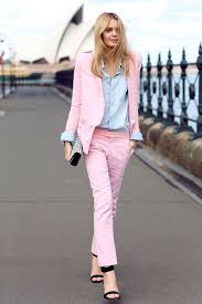 Baby Pink Trousers Blazer Work Clothes For Women Denim Shirt Black Open Toe Shoes In 2020 Business Casual Attire Womens Dress Suits Model Outfits