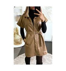 Veste courte prada camel en suede à prix d'occasion. Veste Robe Camel En Simili Avec Ceinture Et Manche Courte
