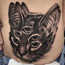 The piece is created exclusively using black outlines and is entirely devoid of shading. Cat Tattoo With Multiple Eyes Cat Eye Tattoos Cat Tattoo Black Cat Tattoos