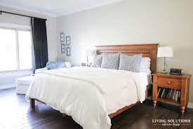 Fabulous bedroom features beige paint on upper walls and gray vertical paneling on lower walls framing gray arabesque headboard on spectacular master bathroom with gorgeous gray walls paired with white trim painted benjamin moore atrium white. Blue And White Greige Revere Pewter Master Bedroom 6 Living Solutions Blog