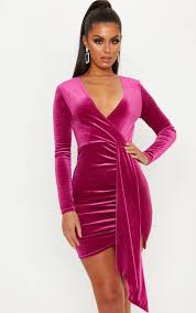 Hot Pink Velvet Drape Detail Bodycon Dress Velvet Clothes Hot Pink Dresses Velvet Dress