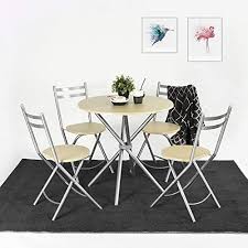 Furniturer 4pcs Dining Kitchen Breakfast Set Beech 1 Round Table 80cm 4 Folding Chairs Wooden Metal Dining Table Setting Nook Dining Set 5 Piece Dining Set