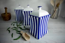 Blue white floral tea coffee sugar storage canisters jars tins containers retro. Dark Navy Blue Stripe Pottery Handmade Hand Painted Large Ceramic Kitchen Storage Jar Set Canister Set City To Cottage