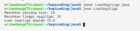 Perintah menghitung luas segitiga dengan catatan user yang memasukkankan angkanya : Program Menghitung Luas Segitiga Bahasa Java Kopi Coding