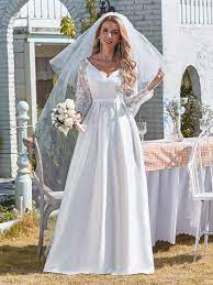 Shop discounted satin wedding dresses wedding dresses. Long Lace Sleeves White A Line Simple Satin Elopement Wedding Dress Ever Pretty Uk