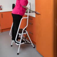 Handrails have to be a specific height, match the angle of the stairs and many local codes require a mitered return. Two Step Safety Ladder With Handrails