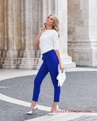 2020 Kalem Pantolon Kombinleri Saks Mavi Kalem Pantolon Beyaz Uzun Kol Bluz Gumus Stiletto Ayakkabi Moda Stilleri Moda Stiletto