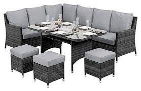 Maze Rattan Venice Corner Sofa Dining Set With Luxury Inset Ice Bucket In A Mixed Grey Weave Corner Sofa Dining Set Terrace Furniture Patio Furniture Pillows