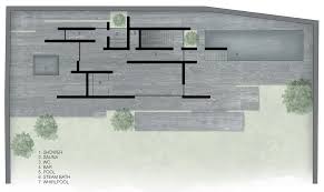 The plan forms a large rectangle, with half of it being a large shallow pool and the other half the roofed building. Smartvoll Architects Bring Modern Minimalism To Wellness Pavilion In Austria