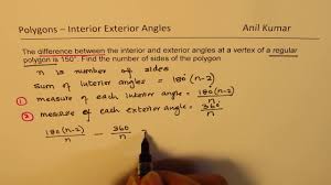 What is the size of each exterior angle? Difference Of Interior Exterior Angle In Polygon Is 150 Find Number Of Sides Youtube