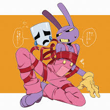 kageimo, gangle (the amazing digital circus), jax (the amazing digital  circus), absurdres, commentary, highres, translation request, 1boy, 1girl,  colored skin, gloves, looking at another, orange background, overalls, pink  overalls, purple skin, rabbit