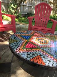 Idustrial Spool Bottle Cap Table I Made This Outdoor Bottle Cap Table The Top Is An Old Industrial Spool A Bottle Cap Table Bottle Top Tables Beer Cap Table