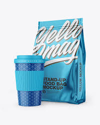 Metallic Stand Up Bag With Coffee Cup Mockup In Bag Sack Mockups On Yellow Images Object Mockups