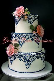 Vintage Ivory Butter Cream Wedding Cake With Navy Blue Lace Scrolls And Blush Colored Sugar Paste Roses Pink Wedding Cake Wedding Cakes Vintage Cream Wedding Cakes