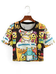 Black And Yellow Cartoon Shirt Shop Cartoon Print Crop T Shirt Black Online Shein Offers Cartoon Print Crop Cartoon Shirts Black Shirt Print Crop Tops