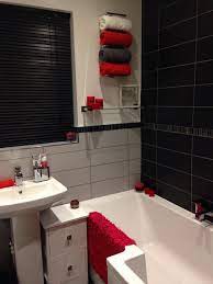 Brass, copper, stainless, aged bronze. Red And Grey Colour Theme 2 Contrasting Colours Red Bathroom Decor Gray Bathroom Decor Bathroom Red