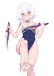 absurdres bare shoulders blue swimsuit breasts breasts out  clothes pull convenient censoring covered navel cum on feet fateapocrypha  fate (series) female green eyes hair between eyes highleg highleg swimsuit
