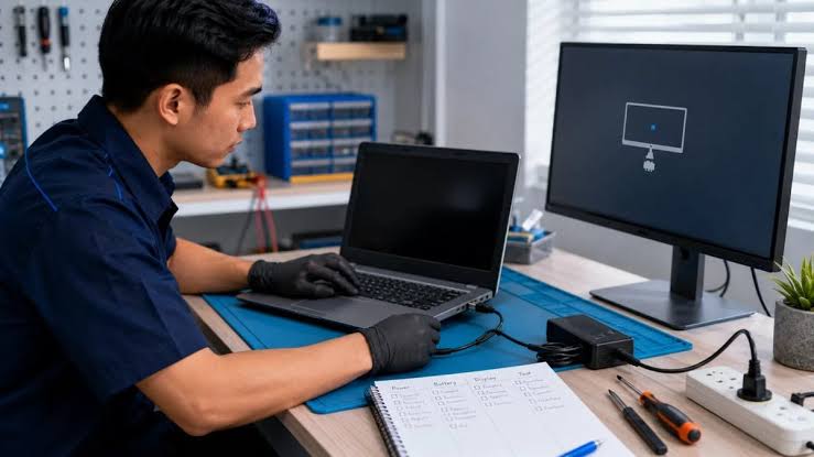 Teknisi memeriksa kondisi laptop untuk mencari penyebab performa laptop berbeda