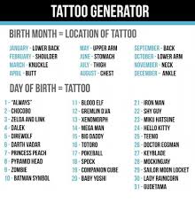 There is no sign up or registration required. Tattoo Generator Birth Month Location Of Tattoo January Lower Back May Upper Arm September Back June Stomach February Shoulder October Lower Arm March Thigh Knuckle November Neck August April Butt Chest December