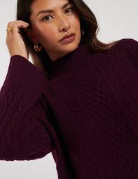 Burgundy Wool Funnel Neck Cable Knitted Jumper sale