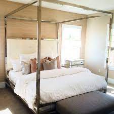 Upholstered panel queen photo ledge. Silver Metallic Canopy Bed Thick Posts Want Black Or Grey Velvet Headbosrd That Comes All The Way Up For Grey Black Bedroom Design Bed Design Home Bedroom