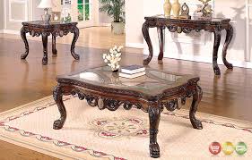 Many available traditional coffee table sets feature casters for easy movement and decorative embellishments, like beveled glass edges and scrolled metal bases. Wood Living Room Table Set Novocom Top