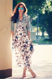 Butterfly Print Maxi Dress With Denim Jacket Print Chiffon Dress Fashion Casual Denim Jacket
