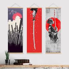 Japanese Samurai Scroll Painting Canvas Print Poster With Wooden Hanger Wall Art Living Room Bedroom Home Decoration Japanese Wall Art Japanese Living Room Decor Japanese Room Decor
